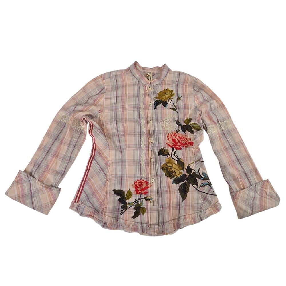 Embroidered Plaid Button-Front Women's Blouse - Pink